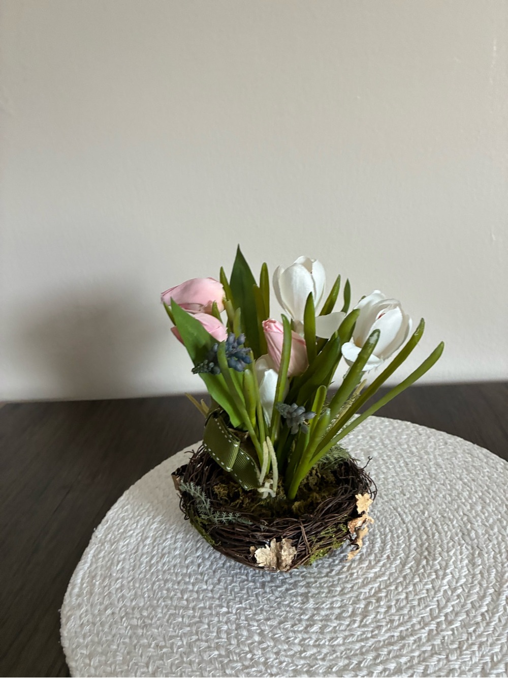 Pink & White Tulip Nest Arrangement with Green Ribbon - Home Accents